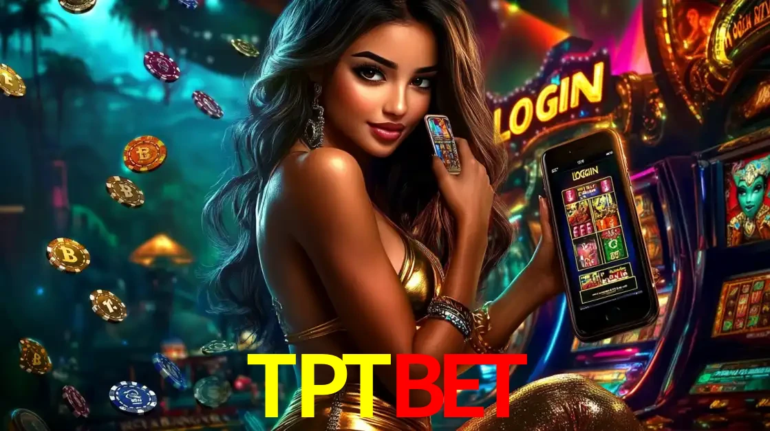 Mulher em um cenário de cassino temático de aventura, mostrando o app de caça-níqueis da TPTBET no celular. Fichas de apostas flutuam ao redor.
