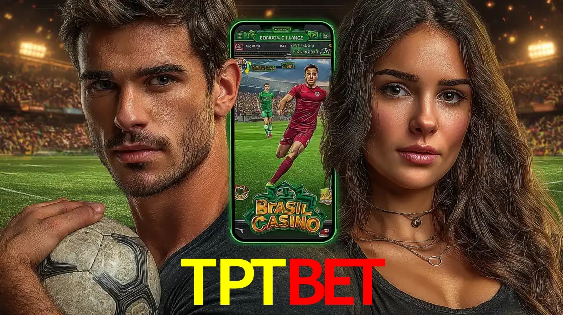 Homem segurando uma bola de futebol e uma mulher ao lado de um smartphone exibindo o jogo de apostas esportivas da TPTBET. Faça seu palpite no cassino online.